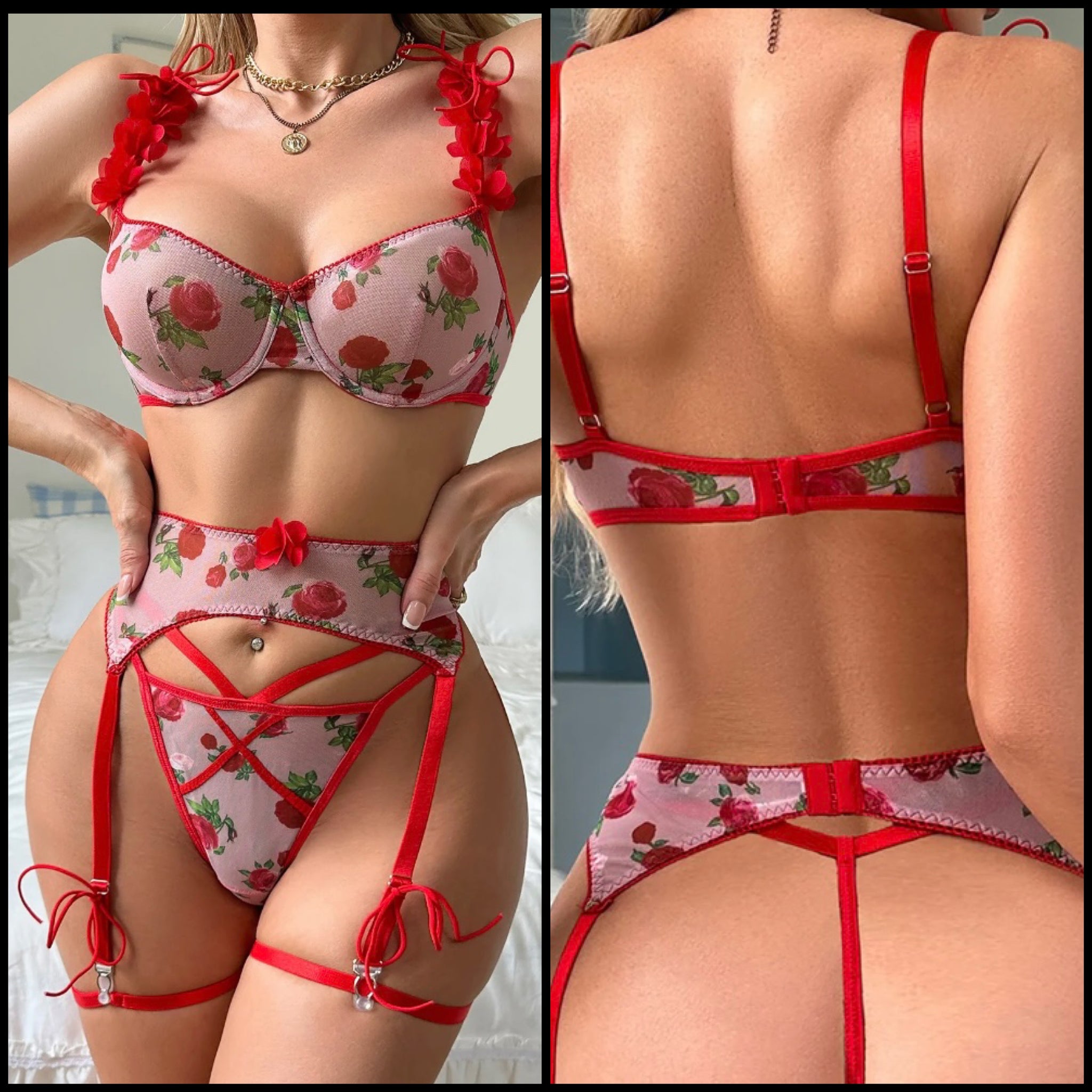 Women Sexy Red Rose Print Mesh Lingerie Set