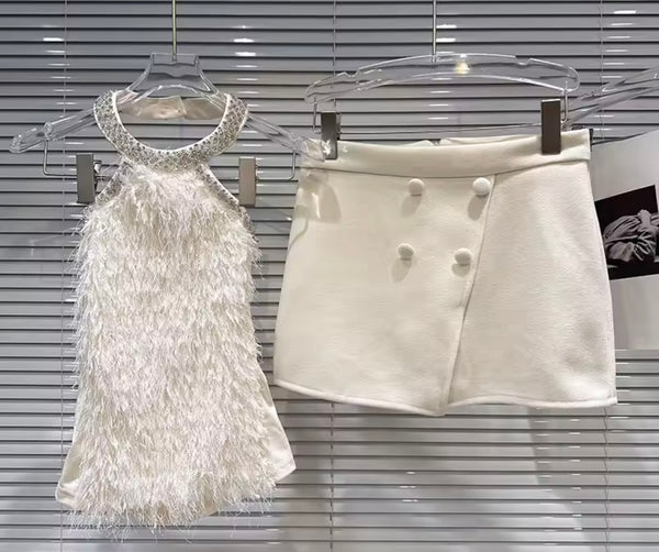 Women Furry Bling Halter Sexy Two Piece Button Wrap Skirt Set