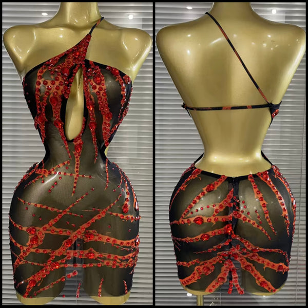 Women Sexy Halter Sleeveless Open Back Red Rhinestone Dress