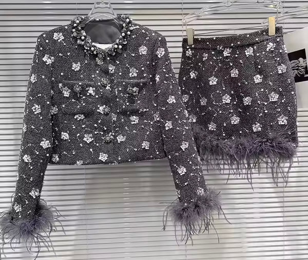 Women Gray Floral Rhinestone Feather Blazer Two Piece Skirt Set