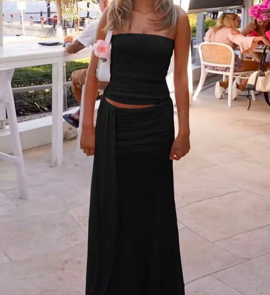 Women Off The Shoulder Solid Color Tassel Two Piece Maxi Skirt Set