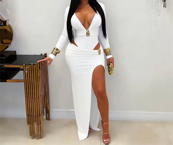 Women Sexy V-Neck Full Sleeve Metal Cut Out Maxi Dress