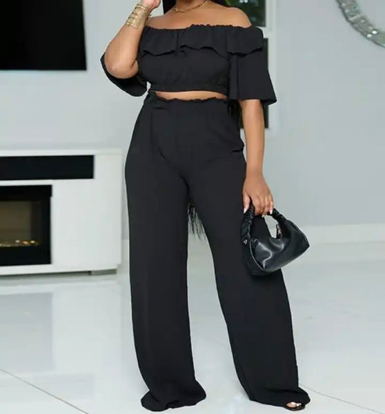 Women Sexy Ruffled Off The Shoulder Short Sleeve Two Piece Pant Set