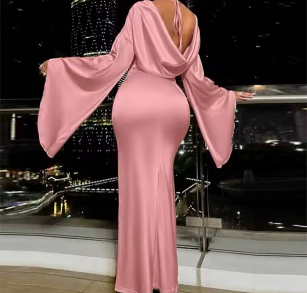 Women Sexy Satin Full Flare Sleeve Open Back Maxi Dress