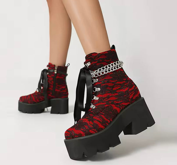 Women Fashion Lace Chain Platform Ankle Boots