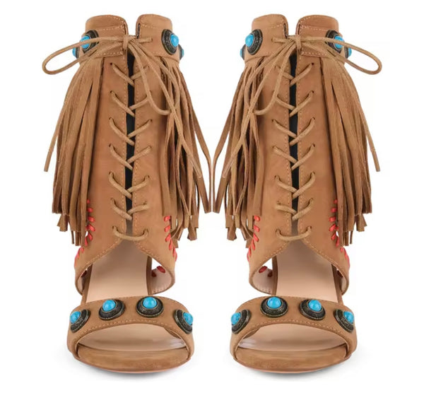 Women Open Toe Rivet Fringe Lace Up High Heel Ankle Boots