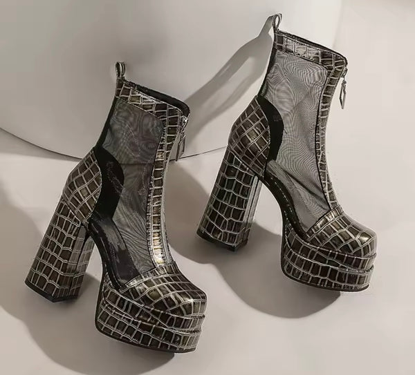 Women Fashion Platform Patent Leather Mesh Patchwork Ankle Boots