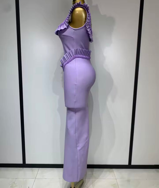 Women Sexy Beaded Ruffled Short Sleeve Purple Maxi Dress