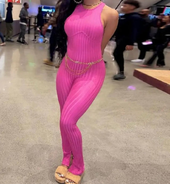 Women Pink Sexy Sleeveless Open Back Jumpsuit