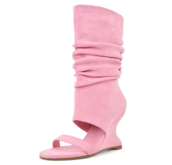 Women Fashion Open Toe Ruched Suede Wedge Mid Length Boots
