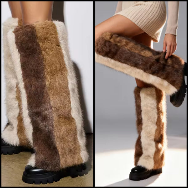 Women Color Patchwork Fur Fashion Knee High Boots