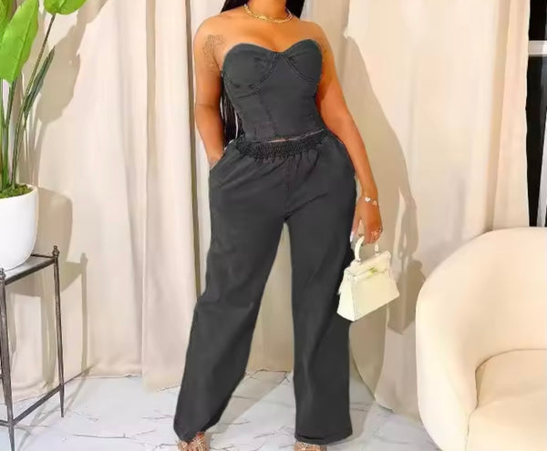Women Strapless Denim Fashion Two Piece Wide Leg Pant Set