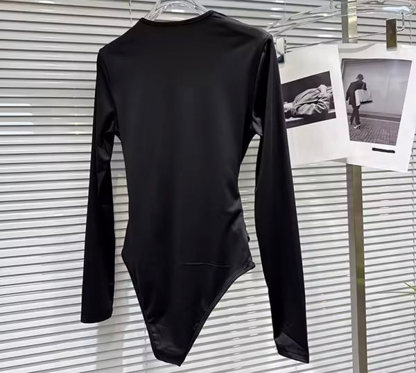Women Black Full Sleeve Metal Bodysuit Two Piece PU Leather Short Set
