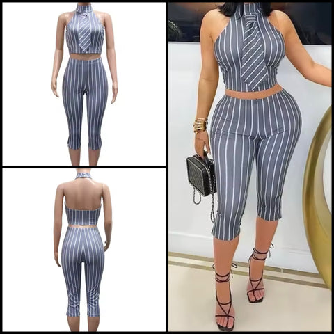 Women Striped Tie Sleeveless Fashion Two Piece Capri Pant Set