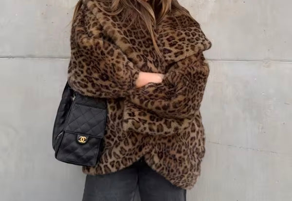 Women Leopard Print Faux Fur Fashion Jacket