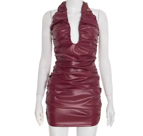 Women Sexy Fashion Halter Sleeveless Faux Leather Dress