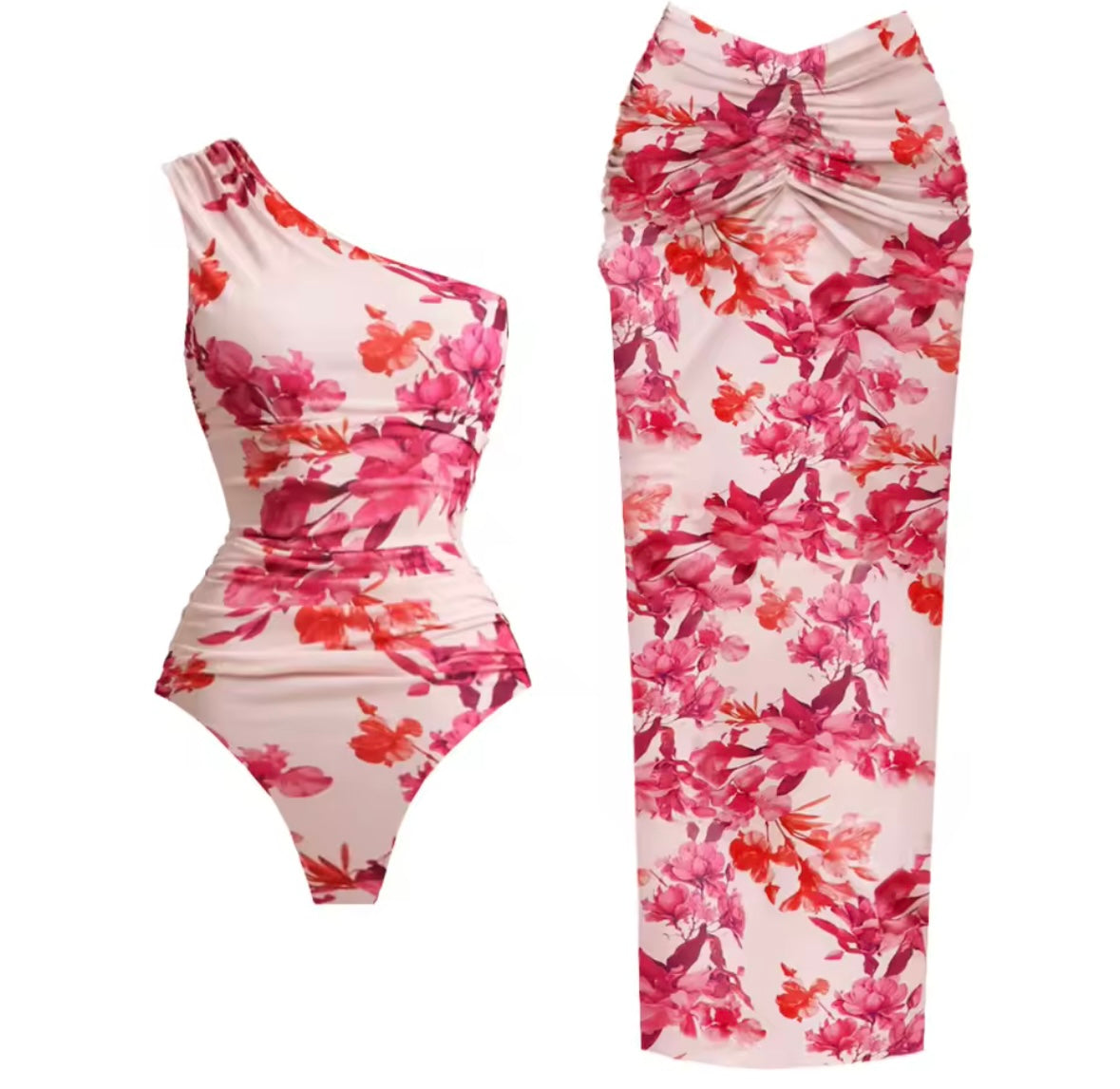 Women Sexy Pink Floral One Shoulder Swimsuit Cover Up Set