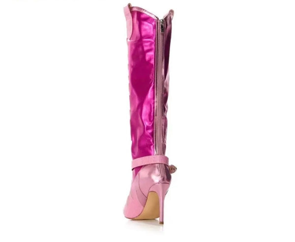Women Fashion Pink Buckled Knee High Western Boots