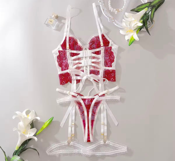 Women Sexy Color Patchwork Lace Up Lingerie Set