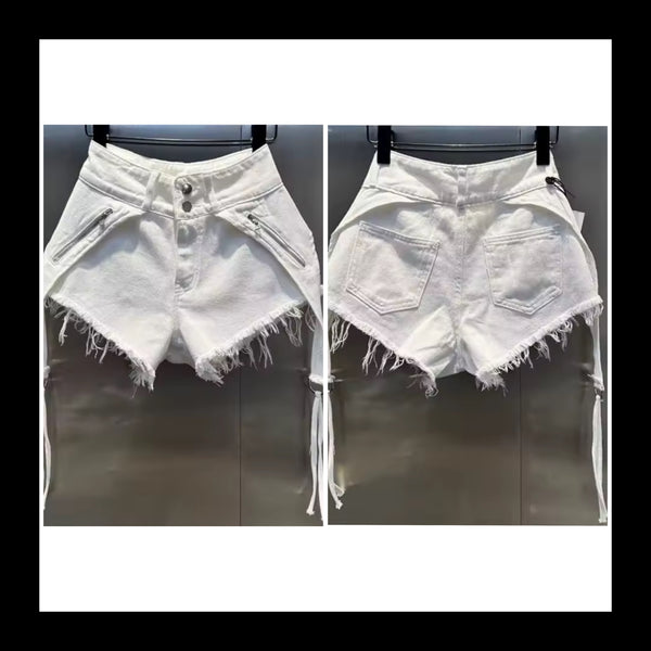 Women Fashion White Zipper Tassel Denim Shorts
