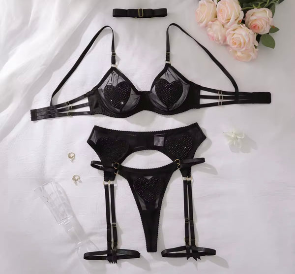 Women Sexy Black Sparkling Heart Mesh Lingerie Set