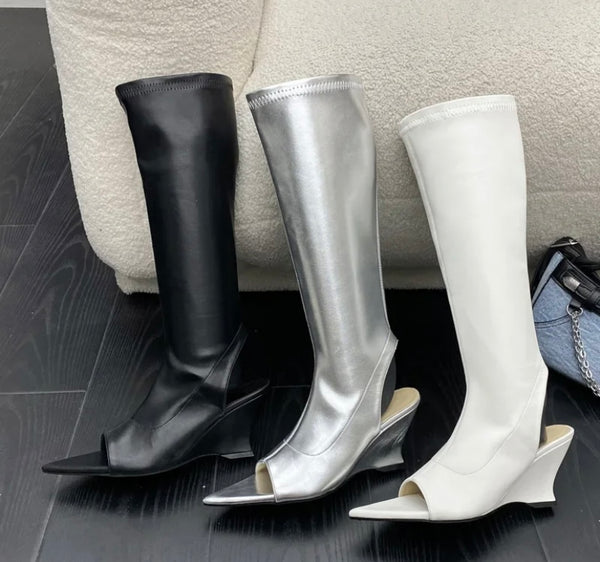 Women Color Fashion Pointed Open Toe Wedge Platform Knee High Boots