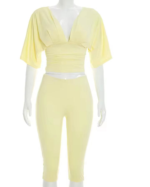 Women V-Neck Short Sleeve Crop Two Piece Capri Pant Set