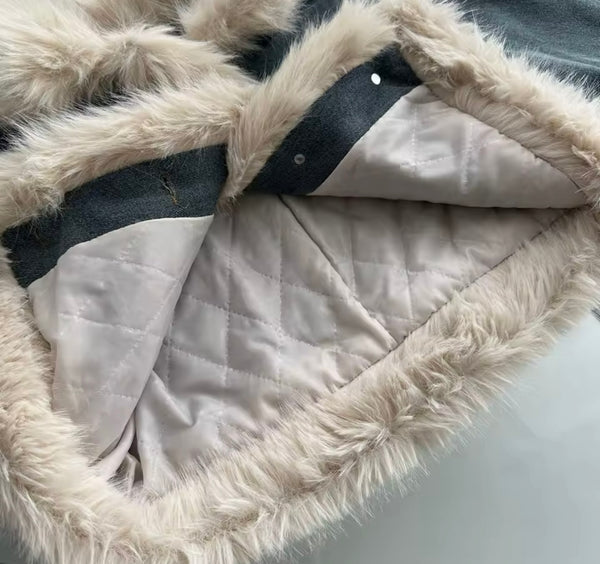 Women Fashion Fur Patchwork Denim Jacket Two Piece Skirt Set