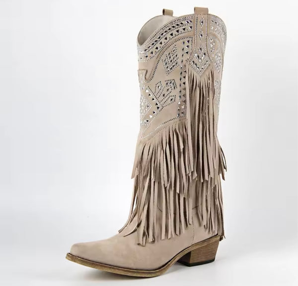 Women Fashion Suede Bling Fringe Tassel Western Boots