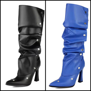 Women Fashion Color Button Ruched Knee High Boots