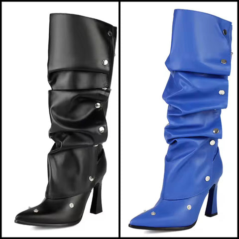 Women Fashion Color Button Ruched Knee High Boots