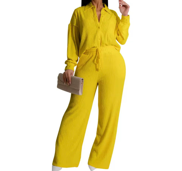 Women Button Up Full Sleeve Ribbed Two Piece Pant Set