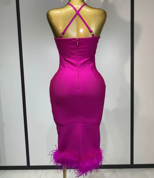 Women Pink Halter Sleeveless Sexy Feather Bandage Dress