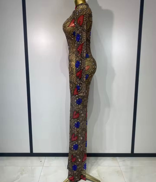 Women Sexy Color Patchwork Heart Printed Bling Mesh Maxi Dress