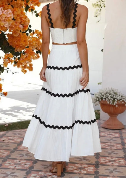 Women Sexy Sleeveless Striped Ruffled Two Piece Maxi Skirt Set