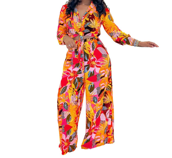 Women Fashion Button Up Floral Full Sleeve Two Piece Pant Set