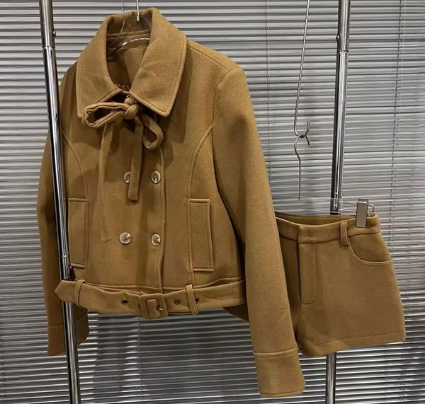 Women Brown Button Up Jacket Two Piece Fashion Short Set