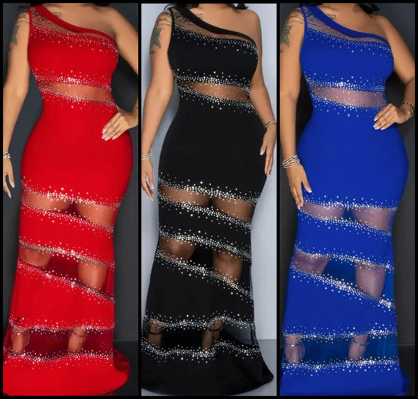 Women Sexy One Shoulder Mesh Bling Patchwork Maxi Dress