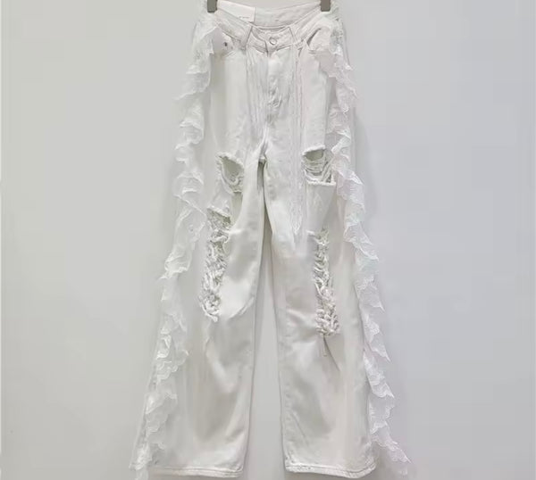 Women Fashion Ripped Ruffled Lace Patchwork Denim Pants