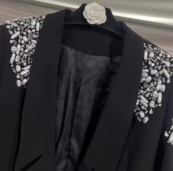 Women Black Rhinestone Full Sleeve Blazer Two Piece Pant Set