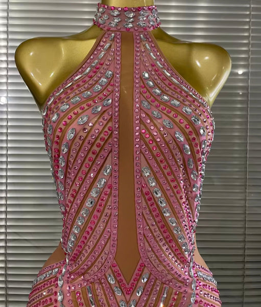 Women Pink Halter Sleeveless Rhinestone Tassel Mesh Dress