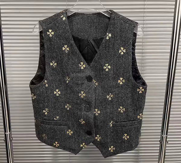 Women Gray Sequins Print Black Fashion Three Piece Pleated Skirt Set