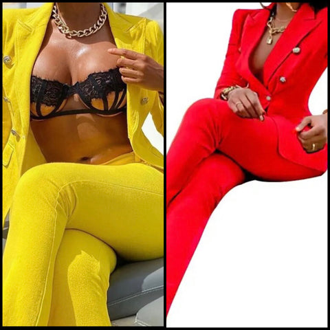 Women Sexy Fashion Two Piece Color Blazer Pant Set
