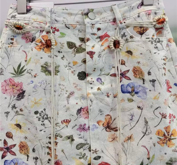 Women Sexy Fashion Floral Belted Denim Skirt