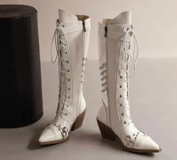 Women Fashion Pointed Toe Buckled Chain Lace Up Knee High Boots