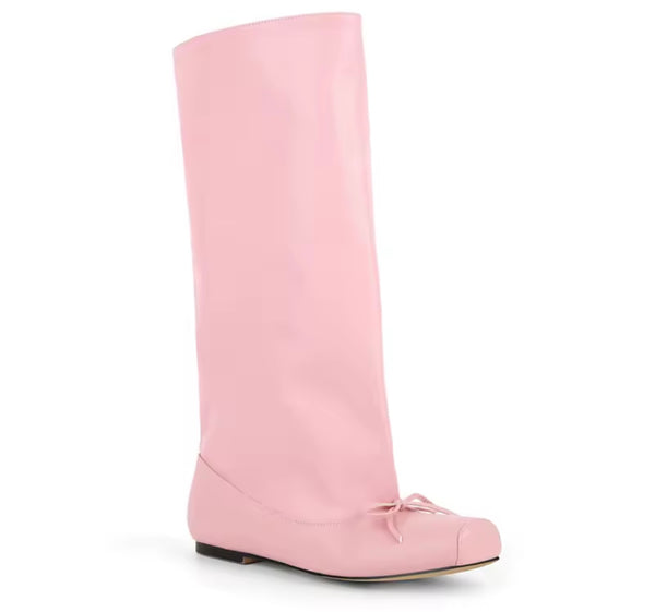Women Pink Square Toe Bow Fashion Flat Knee High Boots