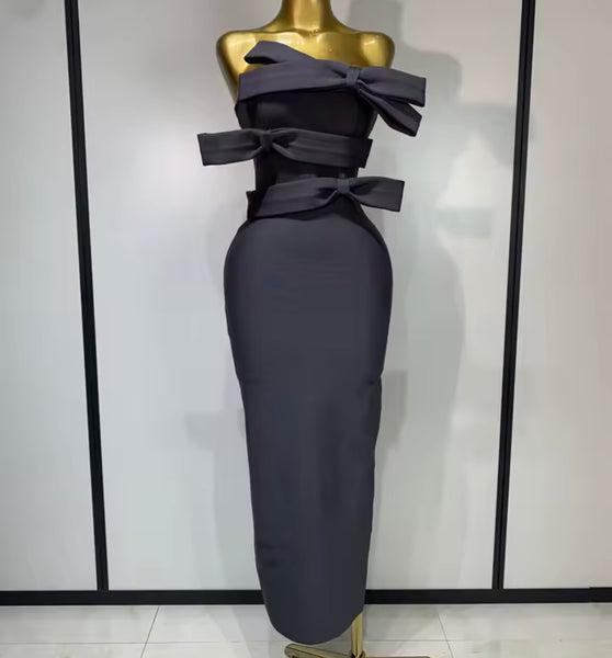 Women Sexy Strapless Gray Bow Tie Maxi Dress