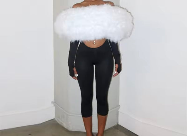 Women Fur Patchwork Off The Shoulder Cut Out Full Sleeve Romper