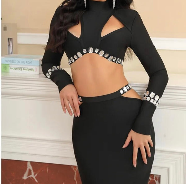 Women Sexy Black Full Sleeve Rhinestone Patchwork Two Piece Maxi Skirt Set