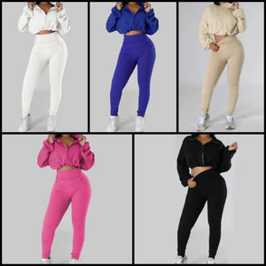 Women Color Fashion Full Sleeve Crop Two Piece Pant Set